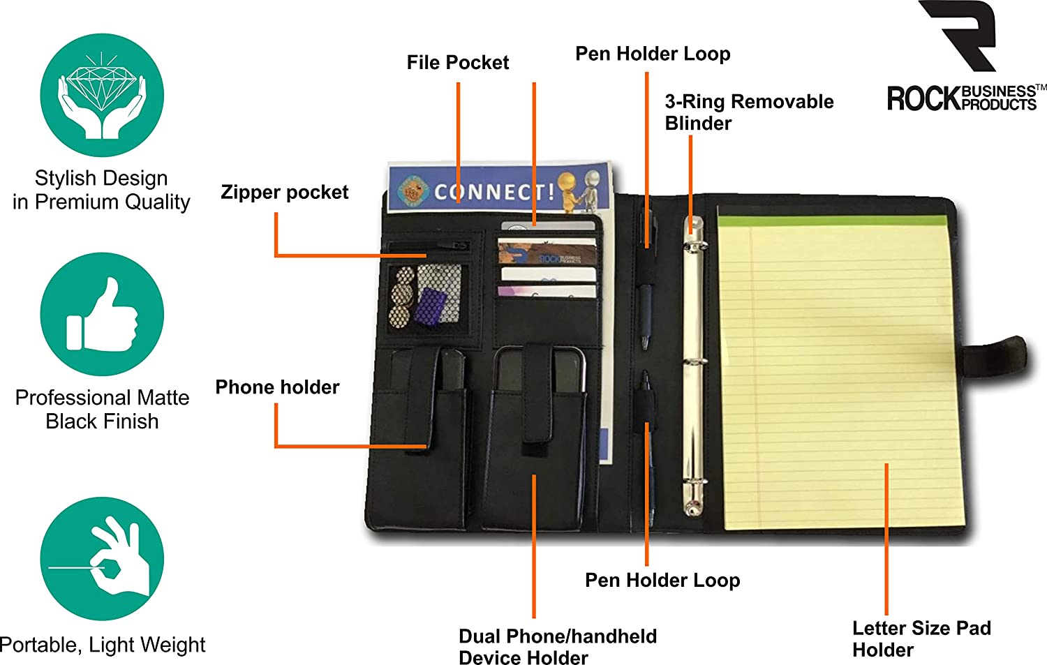 Padfolio/Resume Portfolio Folder - Interview/Legal Document Organizer & Business and Credit Card Holder - Letter Sized Writing Pad Holder - Handsome Faux Leather Matte Finish- Two Cell Phone Holders